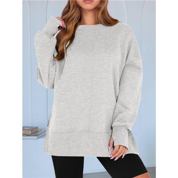 Side Slit Round Neck Long Sleeve Sweatshirt - Picture 3 of 16